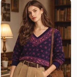 Vintage 80s Academia Prep Sweater Oversized Fair Isle V Neck M Medium Boho Folk